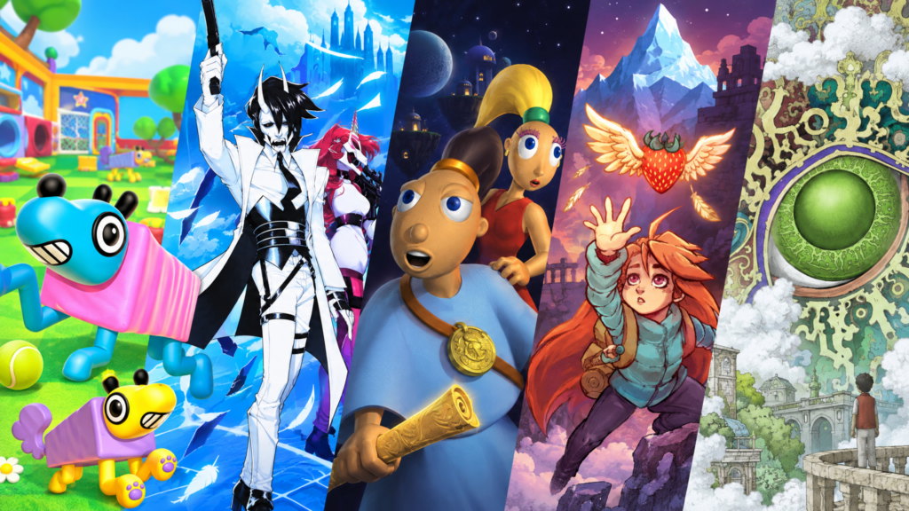Artwork collage featuring Wobbledogs, Neon White, Little Big Adventure 2, Celeste, Gorogoa