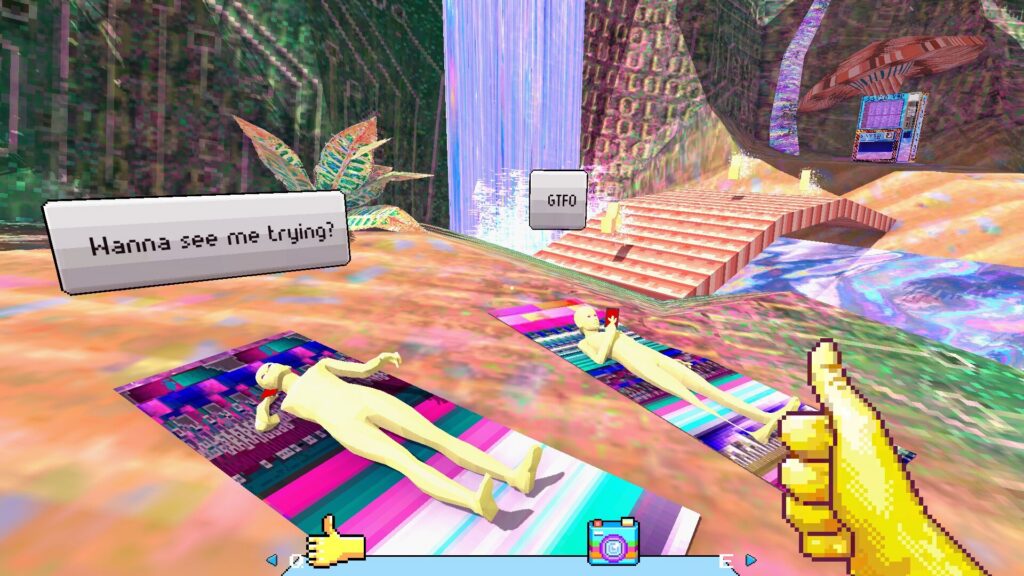 Yellow people are lying in the psychedelic sand doomscrolling on their phones 