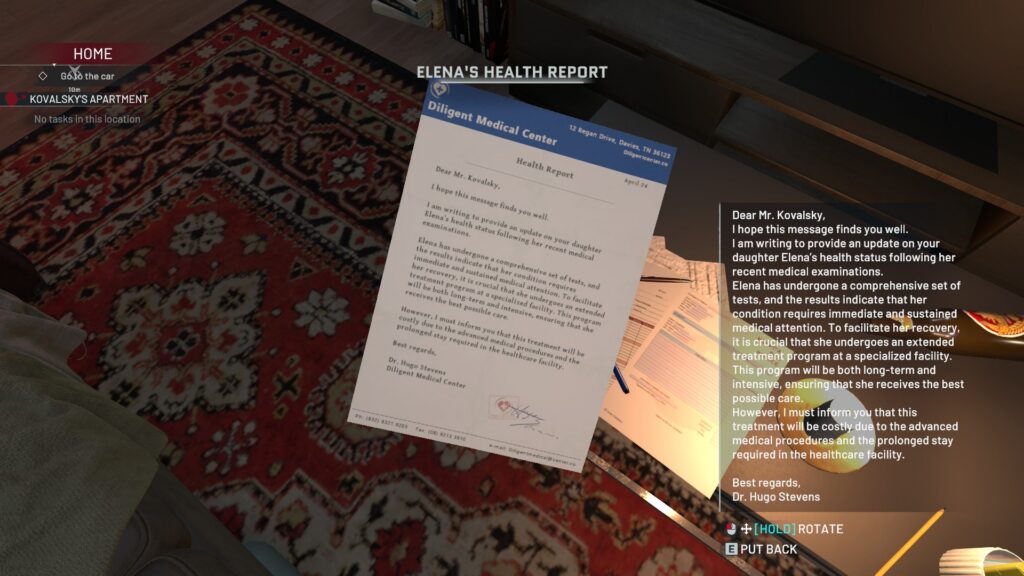health_report_from_daughter_Elena's_doctor_discussing_serious_and_costly_medical_issues_in_Crime_Scene_Cleaner